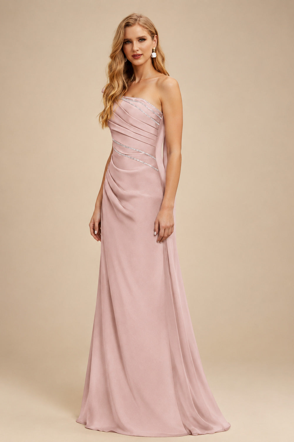 Rutipo Dusty Rose Flattering Bedazzled One-Shoulder Cap Straps Evening Dress With Split Front