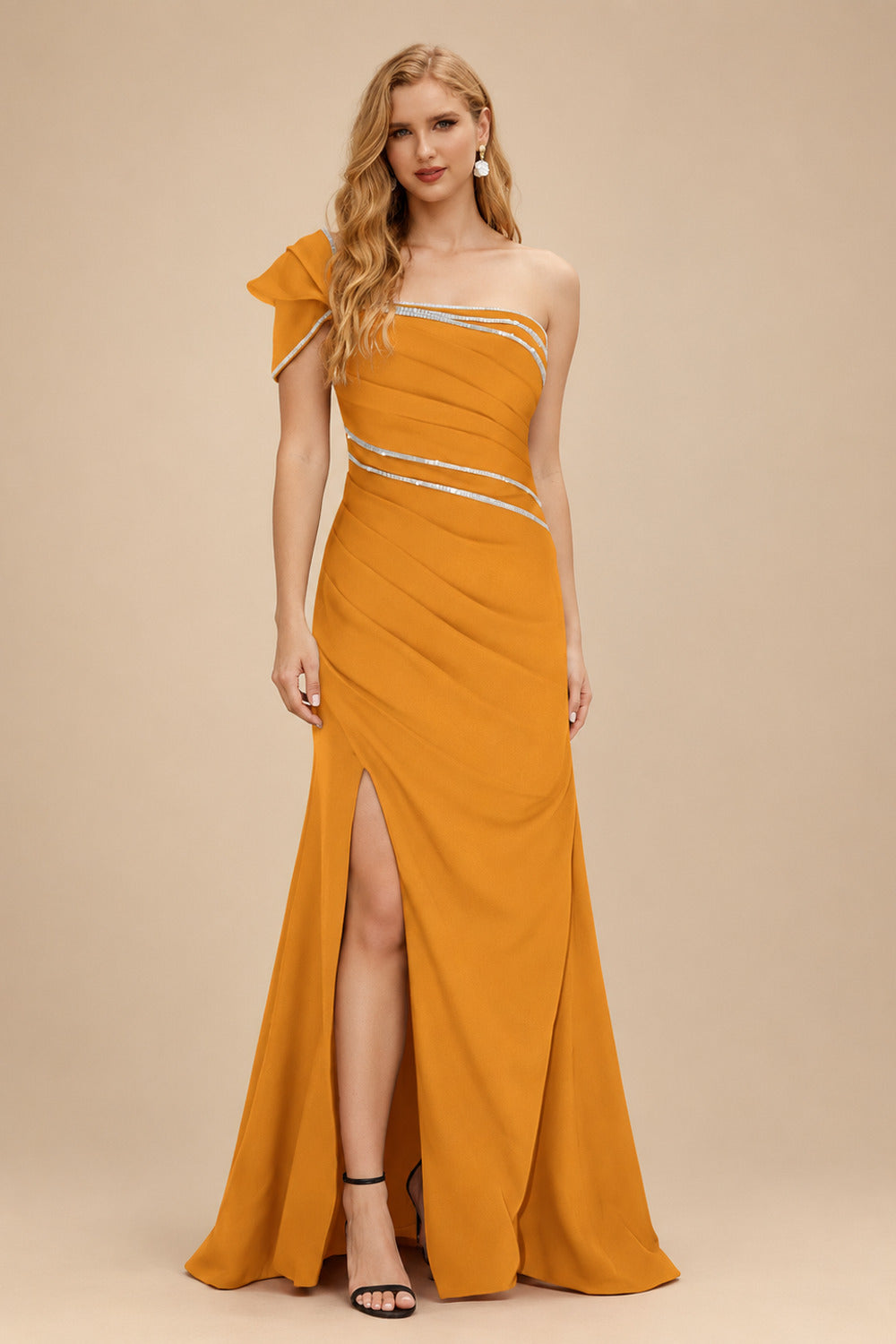 Rutipo Orange Flattering Bedazzled One-Shoulder Cap Straps Evening Dress With Split Front