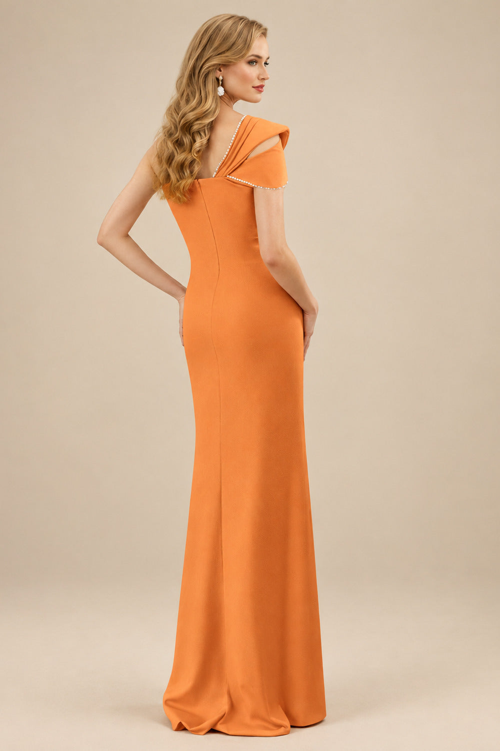 Rutipo Orange Flattering Bedazzled One-Shoulder Cap Straps Evening Dress With Split Front