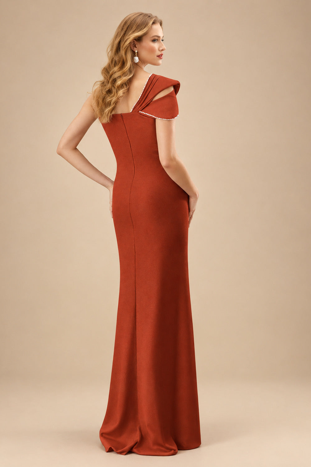 Rutipo Terracotta Flattering Bedazzled One-Shoulder Cap Straps Evening Dress With Split Front