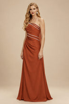 Rutipo Terracotta Flattering Bedazzled One-Shoulder Cap Straps Evening Dress With Split Front