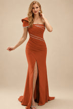 Rutipo Terracotta Flattering Bedazzled One-Shoulder Cap Straps Evening Dress With Split Front