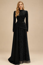 Rutipo Black A-Line High Neck Long Sleeves Sweep Train Sequined Evening Dresses