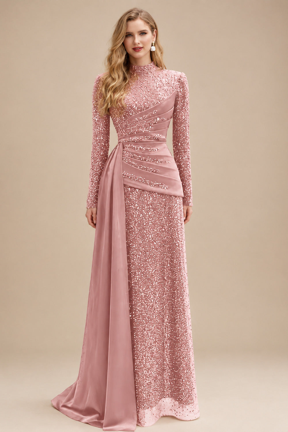 Rutipo Blush A-Line High Neck Long Sleeves Sweep Train Sequined Evening Dresses