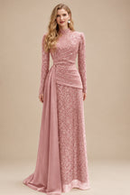 Rutipo Blush A-Line High Neck Long Sleeves Sweep Train Sequined Evening Dresses