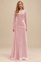 Rutipo Blushing Pink A-Line High Neck Long Sleeves Sweep Train Sequined Evening Dresses