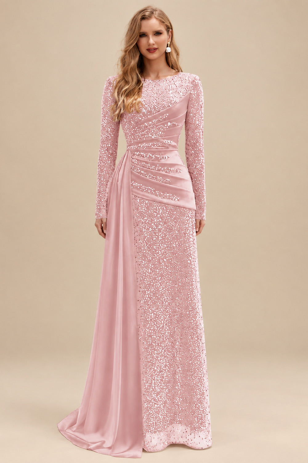 Rutipo Blushing Pink A-Line High Neck Long Sleeves Sweep Train Sequined Evening Dresses