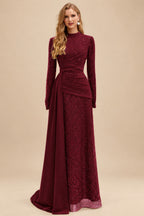 Rutipo Burgundy A-Line High Neck Long Sleeves Sweep Train Sequined Evening Dresses