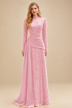 Rutipo Candy Pink A-Line High Neck Long Sleeves Sweep Train Sequined Evening Dresses
