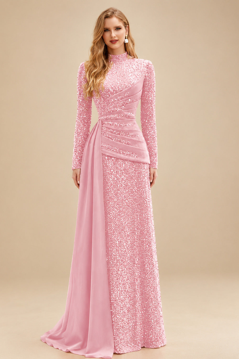 Rutipo Candy Pink A-Line High Neck Long Sleeves Sweep Train Sequined Evening Dresses