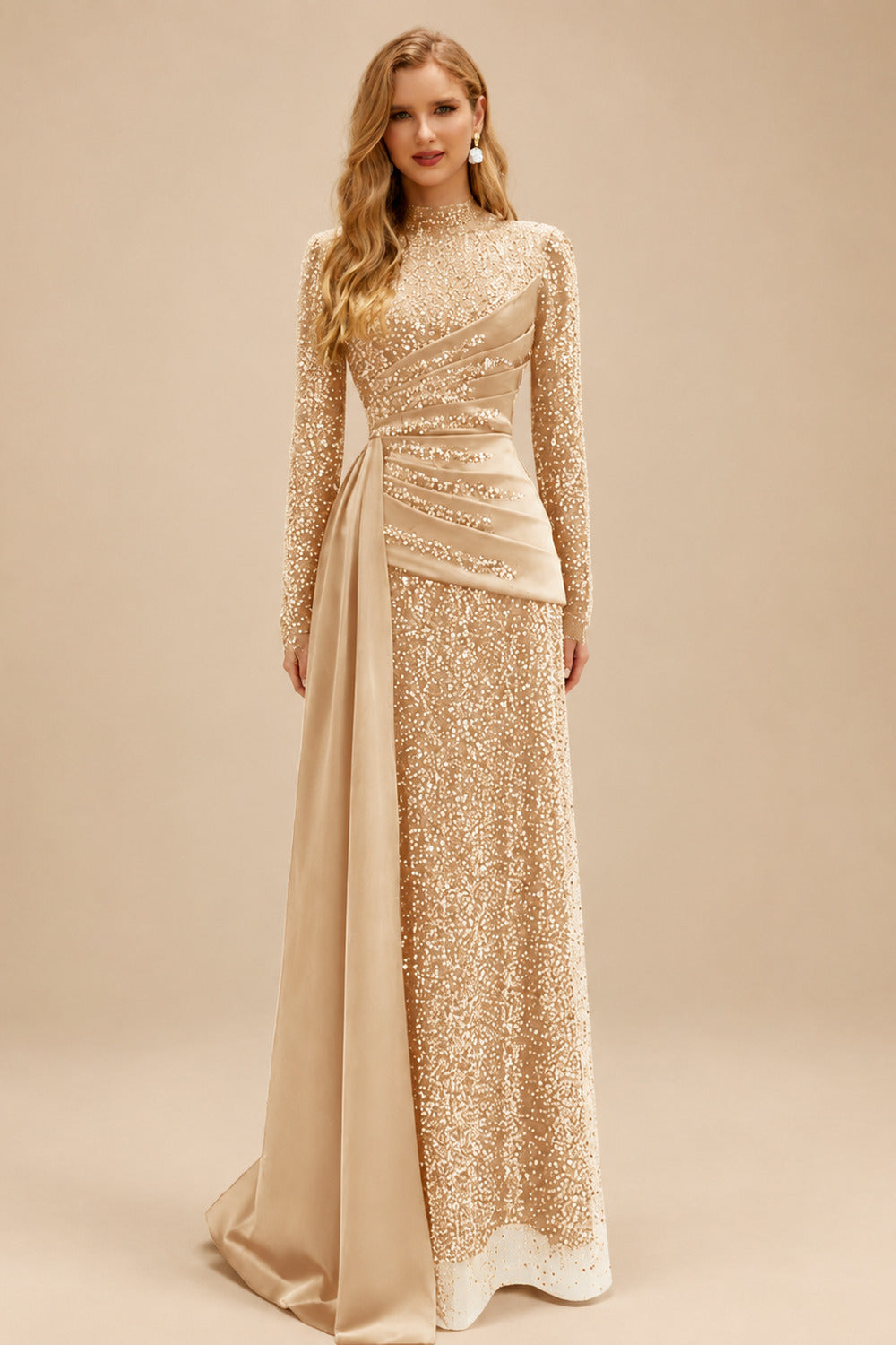 Rutipo Champagne A-Line High Neck Long Sleeves Sweep Train Sequined Evening Dresses
