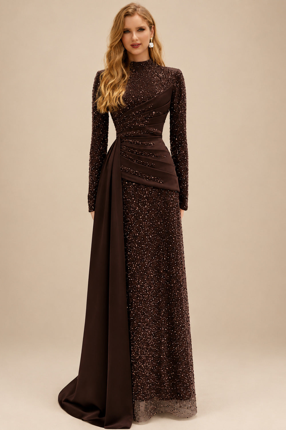 Rutipo Chocolate A-Line High Neck Long Sleeves Sweep Train Sequined Evening Dresses