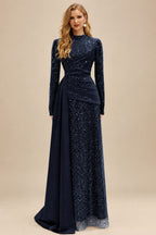 Rutipo Dark Navy A-Line High Neck Long Sleeves Sweep Train Sequined Evening Dresses
