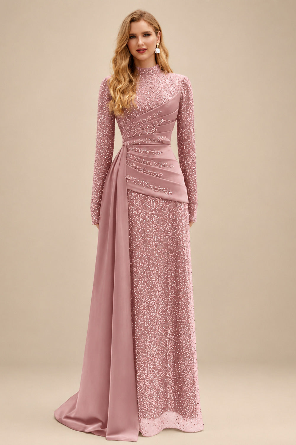 Rutipo Dusty Rose A-Line High Neck Long Sleeves Sweep Train Sequined Evening Dresses