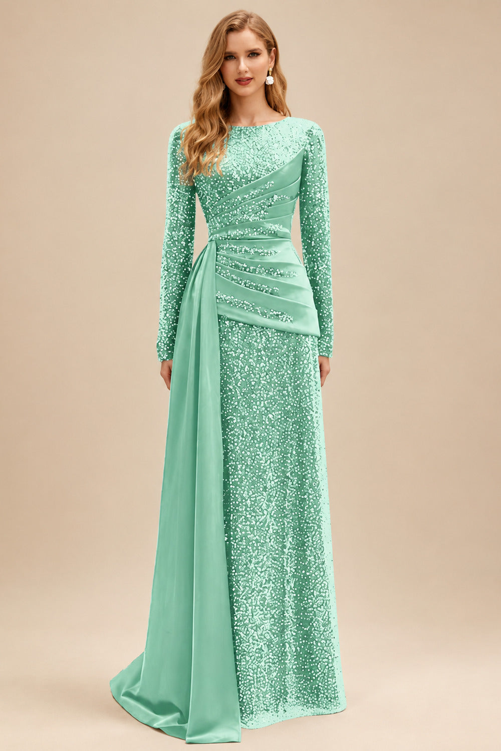 Rutipo Mint Green A-Line High Neck Long Sleeves Sweep Train Sequined Evening Dresses