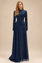 Rutipo Navy Blue A-Line High Neck Long Sleeves Sweep Train Sequined Evening Dresses