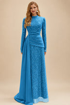 Rutipo Ocean Blue A-Line High Neck Long Sleeves Sweep Train Sequined Evening Dresses