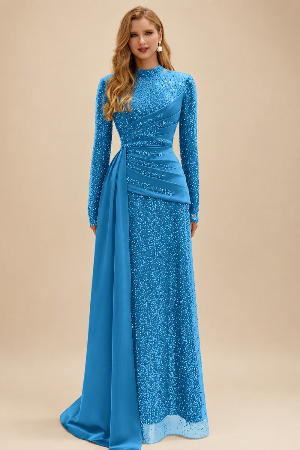 Rutipo Ocean Blue A-Line High Neck Long Sleeves Sweep Train Sequined Evening Dresses