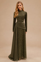 Rutipo Olive Green A-Line High Neck Long Sleeves Sweep Train Sequined Evening Dresses