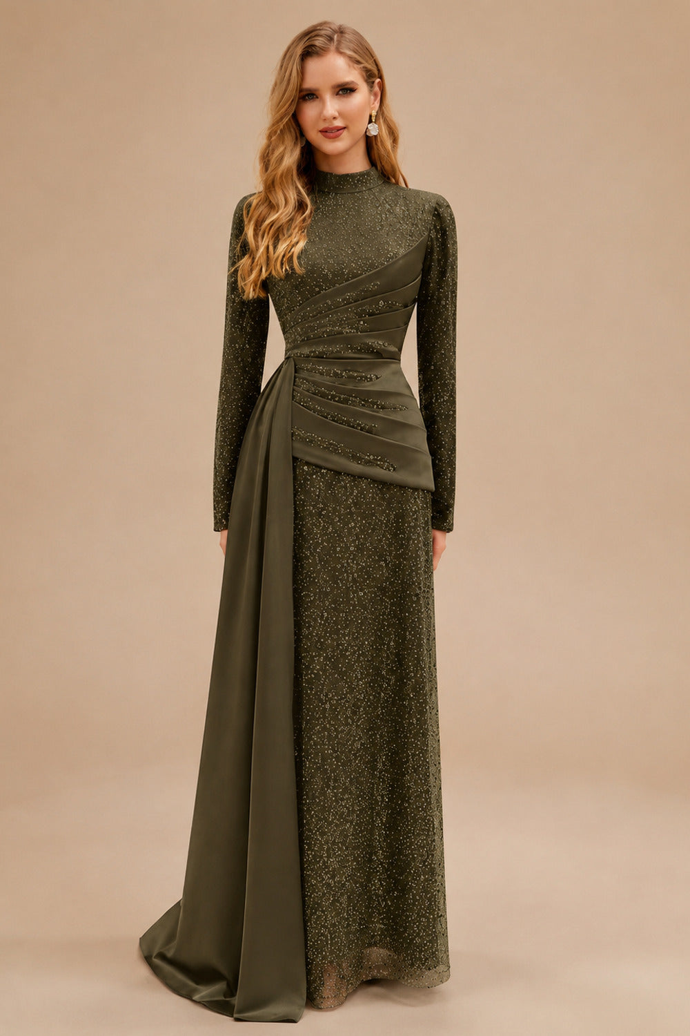 Rutipo Olive Green A-Line High Neck Long Sleeves Sweep Train Sequined Evening Dresses