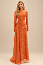Rutipo Orange A-Line High Neck Long Sleeves Sweep Train Sequined Evening Dresses