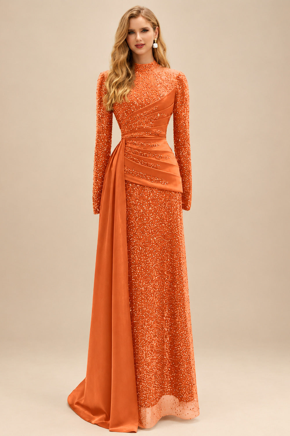 Rutipo Orange A-Line High Neck Long Sleeves Sweep Train Sequined Evening Dresses