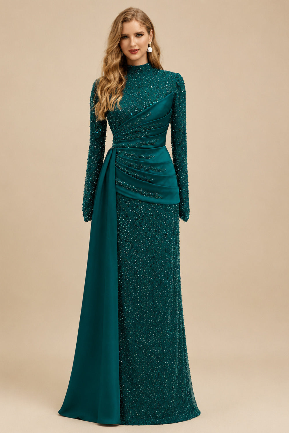 Rutipo Peacock A-Line High Neck Long Sleeves Sweep Train Sequined Evening Dresses