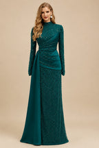 Rutipo Peacock A-Line High Neck Long Sleeves Sweep Train Sequined Evening Dresses
