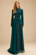 Rutipo Peacock A-Line High Neck Long Sleeves Sweep Train Sequined Evening Dresses
