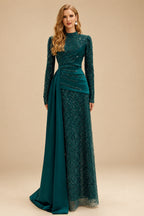 Rutipo Peacock A-Line High Neck Long Sleeves Sweep Train Sequined Evening Dresses