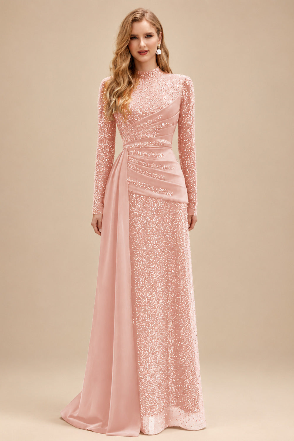 Rutipo Pearl Pink A-Line High Neck Long Sleeves Sweep Train Sequined Evening Dresses