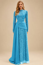 Rutipo Pool A-Line High Neck Long Sleeves Sweep Train Sequined Evening Dresses