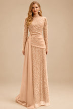 Rutipo Rose Gold A-Line High Neck Long Sleeves Sweep Train Sequined Evening Dresses