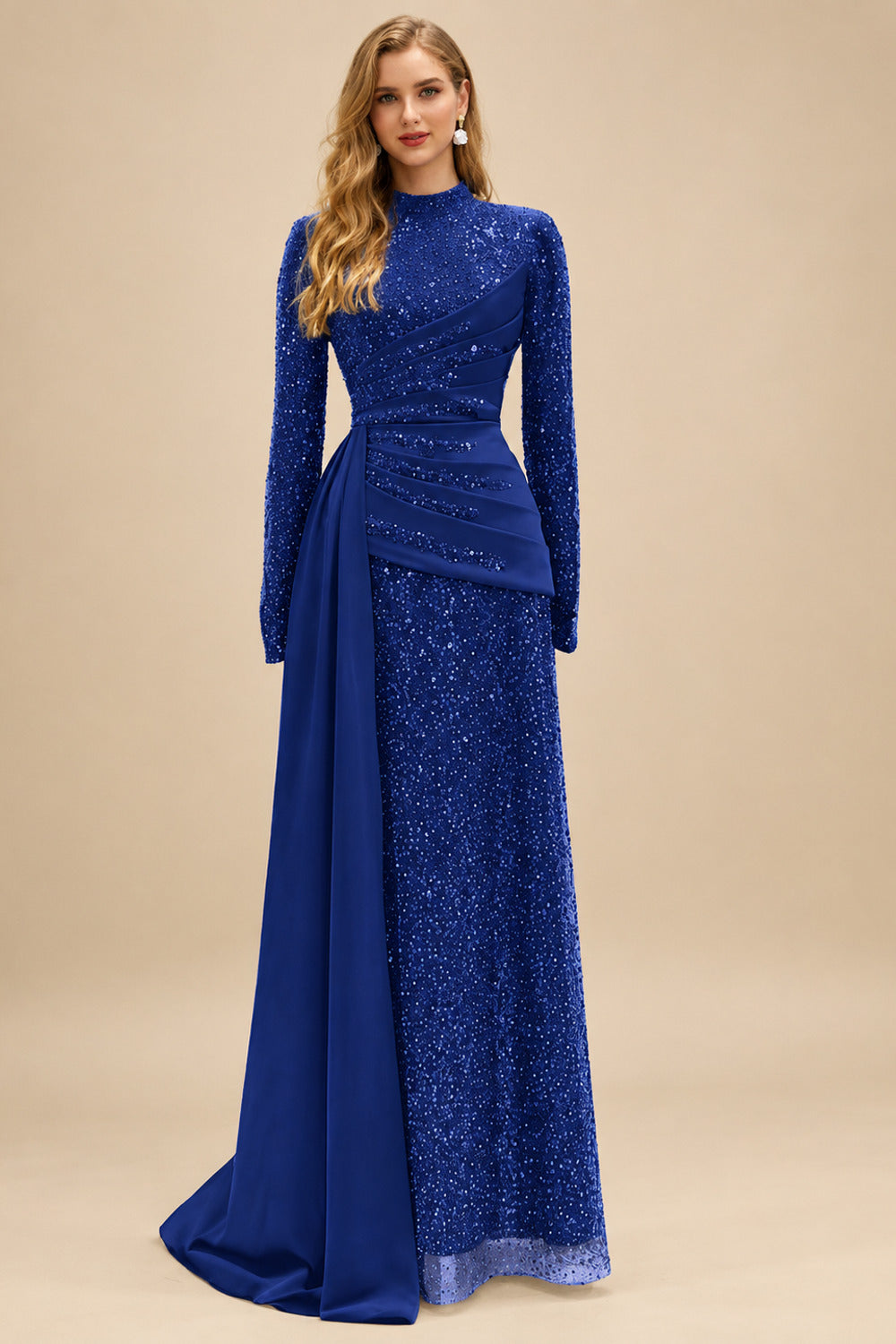 Rutipo Royal Blue A-Line High Neck Long Sleeves Sweep Train Sequined Evening Dresses