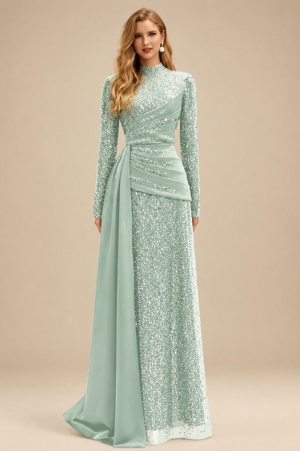 Rutipo Sage Green A-Line High Neck Long Sleeves Sweep Train Sequined Evening Dresses
