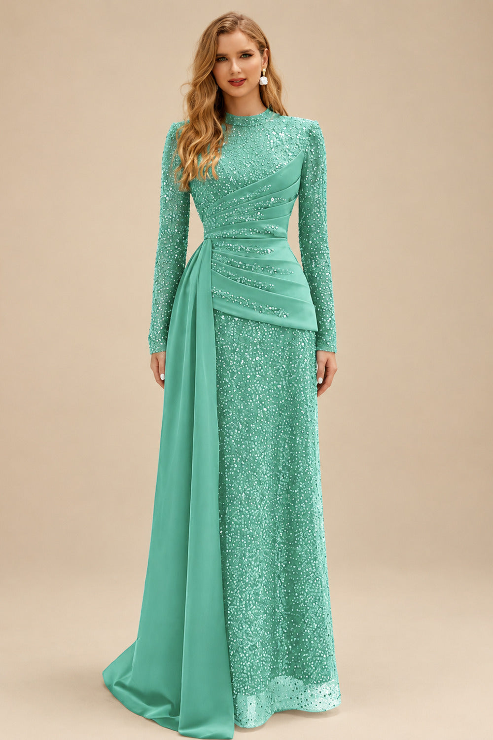 Rutipo Spa A-Line High Neck Long Sleeves Sweep Train Sequined Evening Dresses