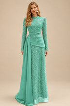 Rutipo Spa A-Line High Neck Long Sleeves Sweep Train Sequined Evening Dresses