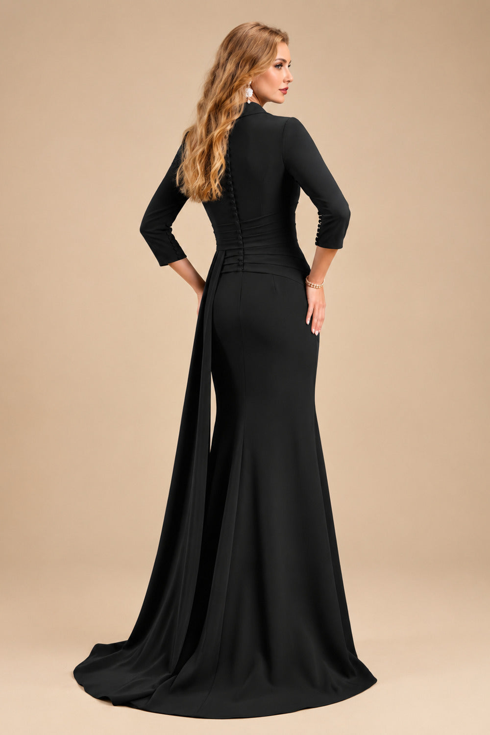 Rutipo Black V-Neck Sleeves High Waist Elastic Satin Sheath/Column Evening Dresses