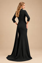 Rutipo Black V-Neck Sleeves High Waist Elastic Satin Sheath/Column Evening Dresses