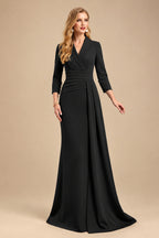 Rutipo Black V-Neck Sleeves High Waist Elastic Satin Sheath/Column Evening Dresses