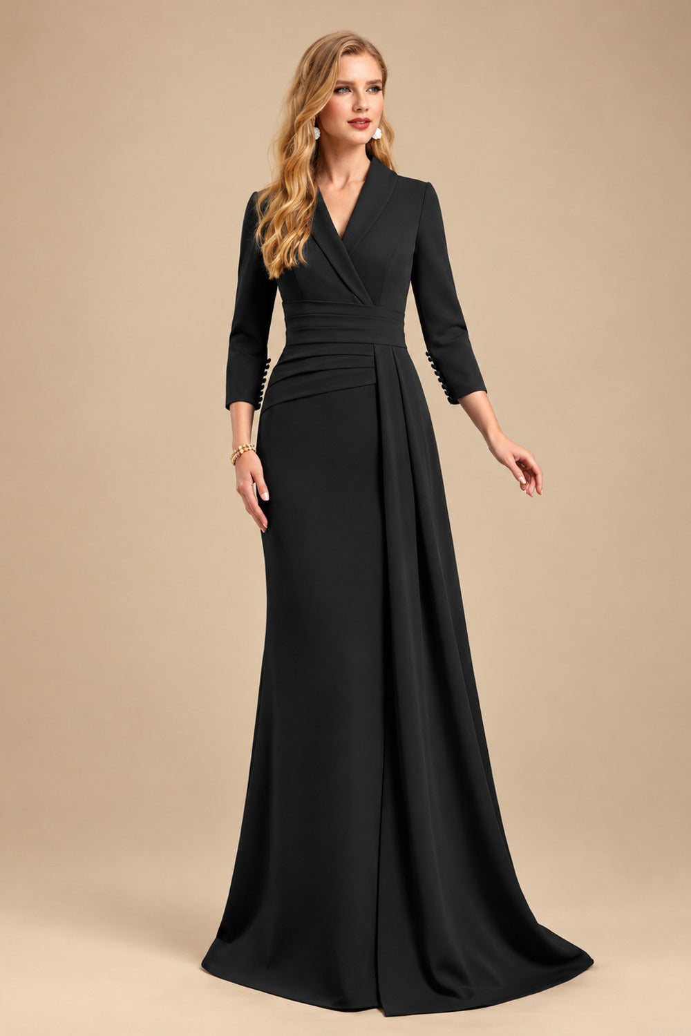 Rutipo Black V-Neck Sleeves High Waist Elastic Satin Sheath/Column Evening Dresses