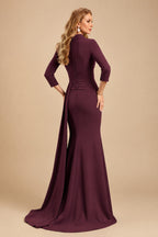 Rutipo Cabernet V-Neck Sleeves High Waist Elastic Satin Sheath/Column Evening Dresses