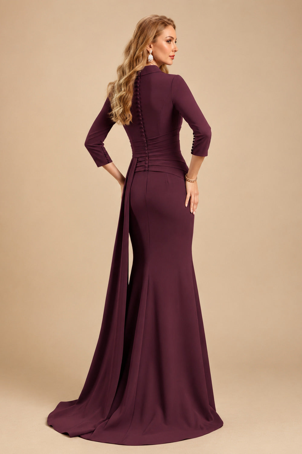 Rutipo Cabernet V-Neck Sleeves High Waist Elastic Satin Sheath/Column Evening Dresses