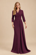 Rutipo Cabernet V-Neck Sleeves High Waist Elastic Satin Sheath/Column Evening Dresses