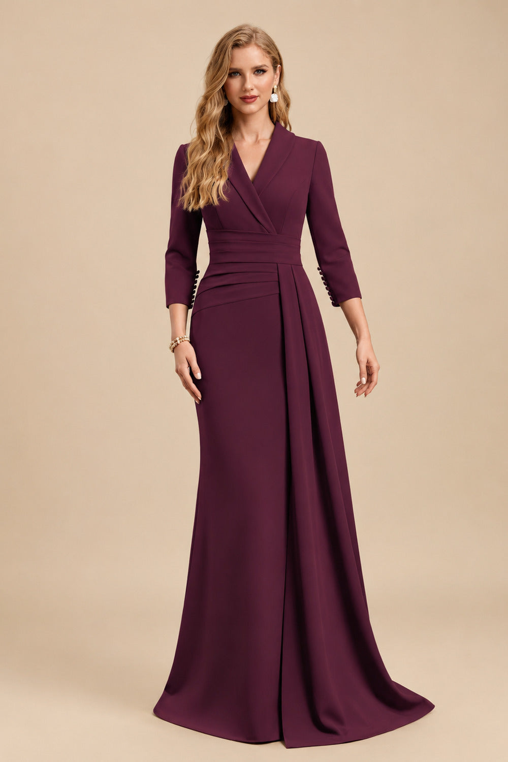 Rutipo Cabernet V-Neck Sleeves High Waist Elastic Satin Sheath/Column Evening Dresses