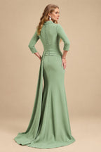 Rutipo Celadon V-Neck Sleeves High Waist Elastic Satin Sheath/Column Evening Dresses