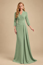 Rutipo Celadon V-Neck Sleeves High Waist Elastic Satin Sheath/Column Evening Dresses