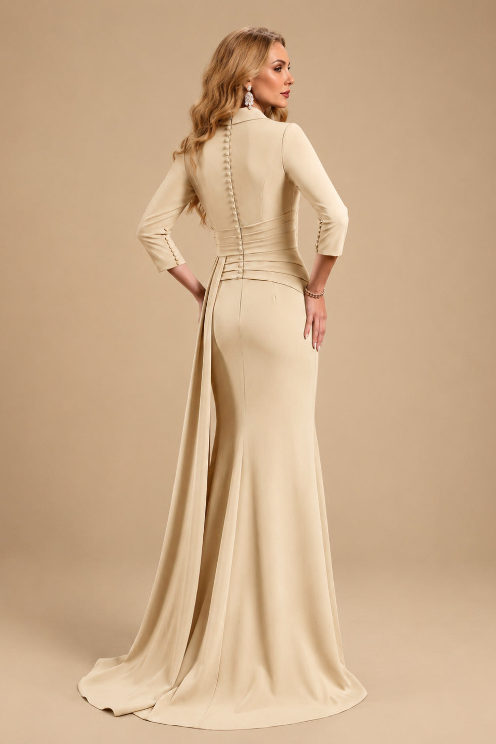 Rutipo Champagne V-Neck Sleeves High Waist Elastic Satin Sheath/Column Evening Dresses