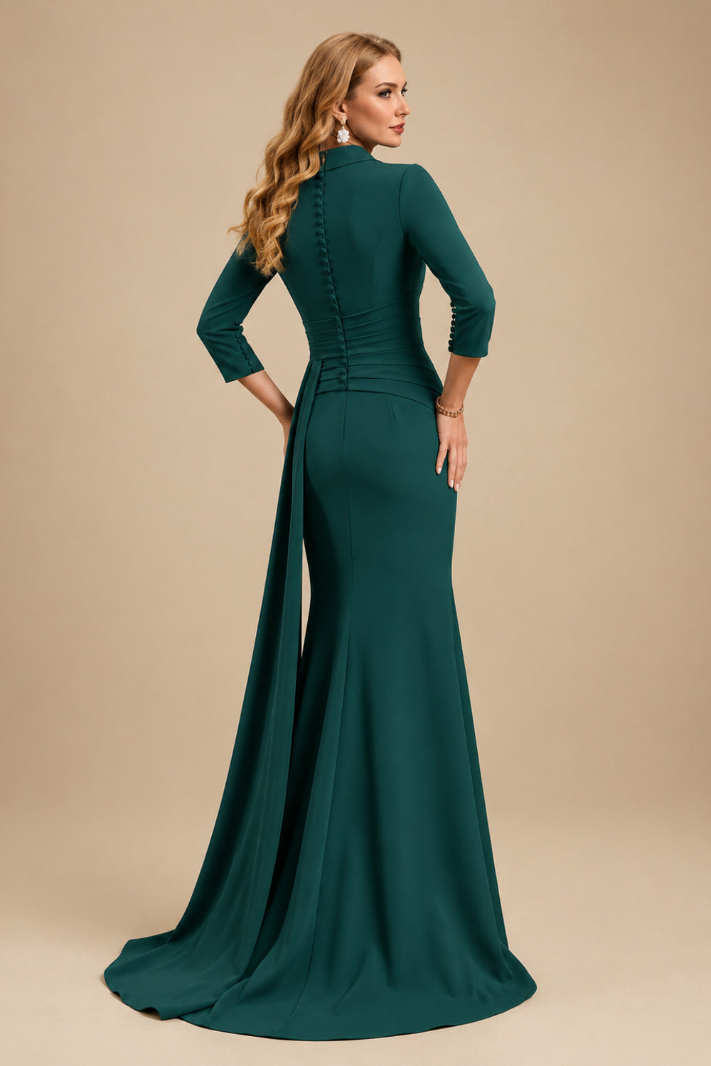 Rutipo Dark Green V-Neck Sleeves High Waist Elastic Satin Sheath/Column Evening Dresses
