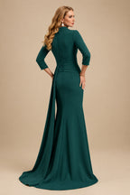 Rutipo Dark Green V-Neck Sleeves High Waist Elastic Satin Sheath/Column Evening Dresses